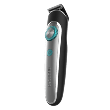 Tondeuse Multigrooming PrecisionCare Multigrooming avec 6 têtes, avec 5 peignes en mesures de 3/6/9/12/15 mm, et 2 peignes réglables de 1 à 10 mm et de 11 à 20 mm, un peigne corporel et une résistance IPX7.