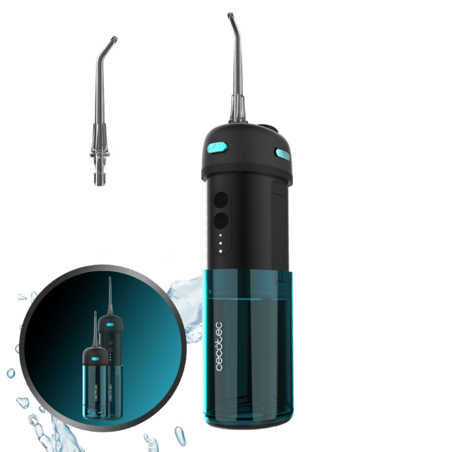 ToothCare Jet Splash Irrigateur de voyage compact et léger avec 3 modes et jusqu'à 8 intensités, avec une capacité de 150 ml et 2 buses interchangeables.