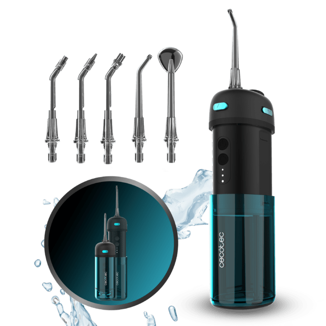 ToothCare Jet Splash Irrigateur de voyage compact et léger avec 3 modes et jusqu'à 8 intensités, avec une capacité de 150 ml et 2 buses interchangeables.