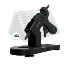 Perfect Fix 20 Pistolet à colle chaude avec base pour protéger la surface de travail. Puissance de 20 W et taille compacte. Ce pistolet à colle chauffe très rapidement et comprend 80 bâtonnets de colle que vous pouvez utiliser sans vous soucier d'en manquer.