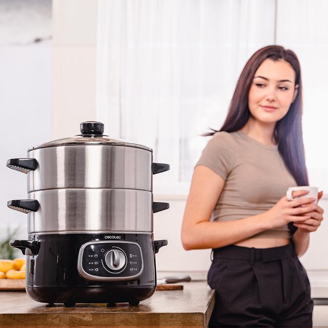 Vapovita SteelPot Cuit-vapeur électrique de 1300 W avec 3 récipients en acier inoxydable d'une capacité totale de 10 L.