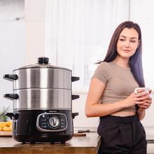 Vapovita SteelPot Cuit-vapeur électrique de 1300 W avec 3 récipients en acier inoxydable d'une capacité totale de 10 L.
