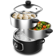 Vapovita SteelPot 1300 W elektrischer Dampfgarer mit 3 Edelstahlbehältern und einem Gesamtvolumen von 10 L.