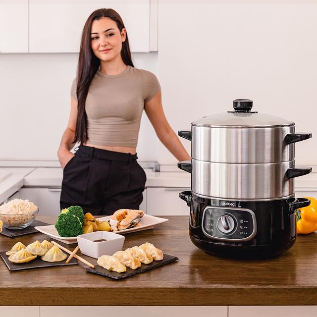 Vapovita SteelPot Cuit-vapeur électrique de 1300 W avec 3 récipients en acier inoxydable d'une capacité totale de 10 L.
