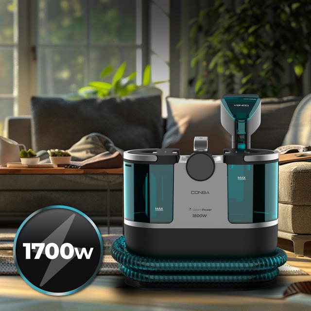 Conga 7000 Carpet&Spot Clean Steam XXL Pulitore per tappezzerie con 1700 W di potenza. Utilizzo del vapore per rimuovere meglio lo sporco. Serbatoio acqua pulita da 1600 ml e serbatoio acqua sporca da 950 ml. Raggio d'azione di 7 metri.