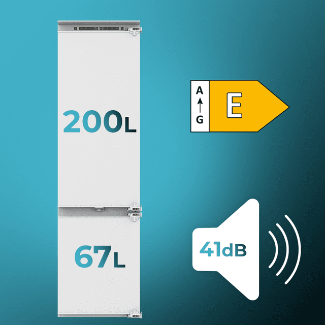 Bolero CoolMarket Combi BI-D FLW 267 E Frigorífico combi integrable con puerta fija de 267 litros de capacidad, 193,7 y 54 cm de ancho, clase E, Total No Frost, Compresor Inverter  y Full LED Wall; y con tecnologías Fast Cooling, Fast Freezing y modos Vacaciones y Smart.