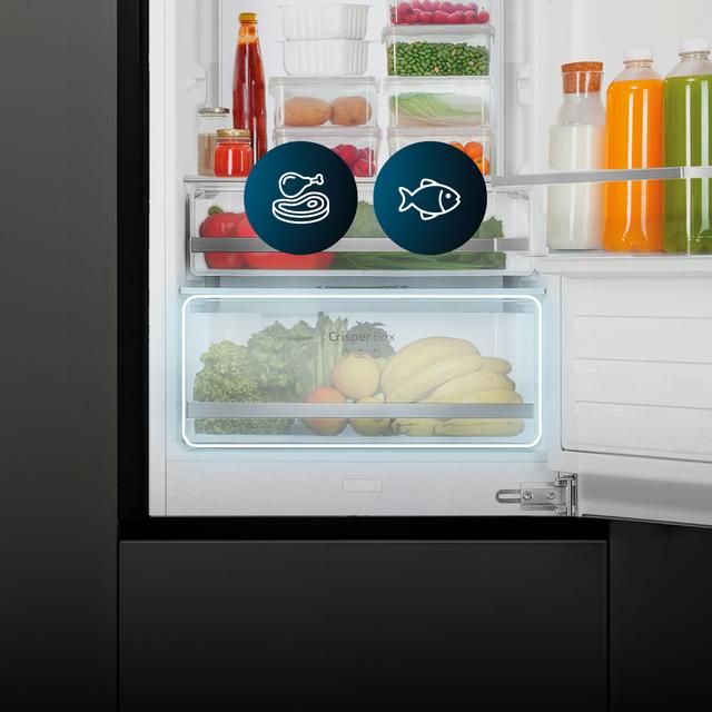 Bolero CoolMarket Combi BI-D FLW 267 E Frigorífico combi integrable con puerta fija de 267 litros de capacidad, 193,7 y 54 cm de ancho, clase E, Total No Frost, Compresor Inverter  y Full LED Wall; y con tecnologías Fast Cooling, Fast Freezing y modos Vacaciones y Smart.