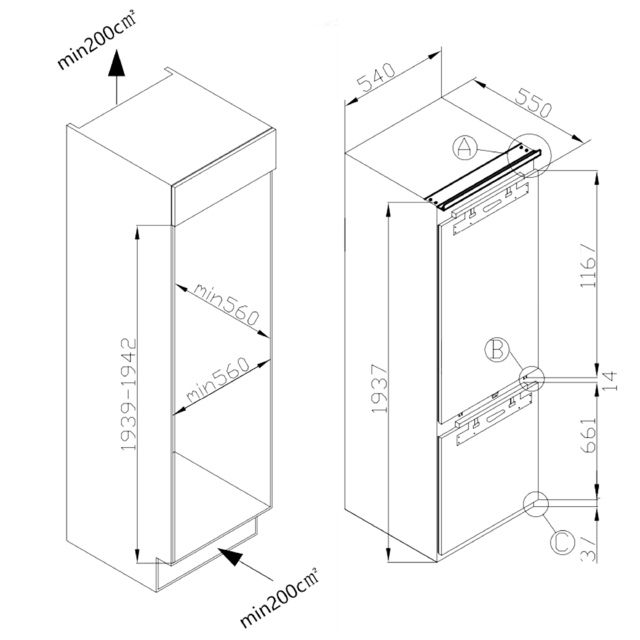 Bolero CoolMarket Combi BI-D FLW 267 E Frigorífico combi integrable con puerta fija de 267 litros de capacidad, 193,7 y 54 cm de ancho, clase E, Total No Frost, Compresor Inverter  y Full LED Wall; y con tecnologías Fast Cooling, Fast Freezing y modos Vacaciones y Smart.