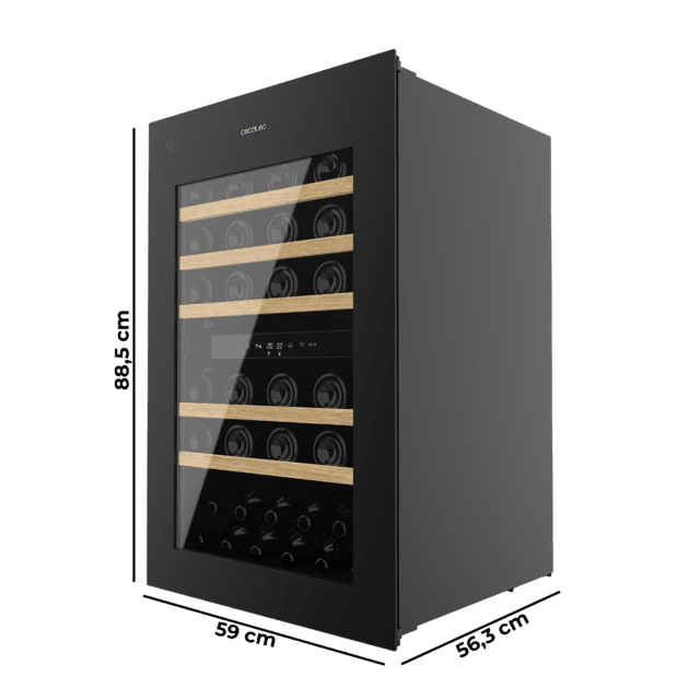 Bolero GrandSommelier Duo 57000 Touch Black Compressor Vinoteca integrable negra con doble zona y sensor de apertura Touch con capacidad para 57 botellas en 5 baldas de madera y 88,5 cm de alto por 59 cm de ancho. Sistema compresor de enfriamiento muy silencioso (38dB) y refrigerado por gas respetuoso con el medio ambiente (R600a). Luz LED y panel de control táctil LED interiores.