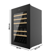 Bolero GrandSommelier Duo 57000 Touch Black Compressor Vinoteca integrable negra con doble zona y sensor de apertura Touch con capacidad para 57 botellas en 5 baldas de madera y 88,5 cm de alto por 59 cm de ancho. Sistema compresor de enfriamiento muy silencioso (38dB) y refrigerado por gas respetuoso con el medio ambiente (R600a). Luz LED y panel de control táctil LED interiores.