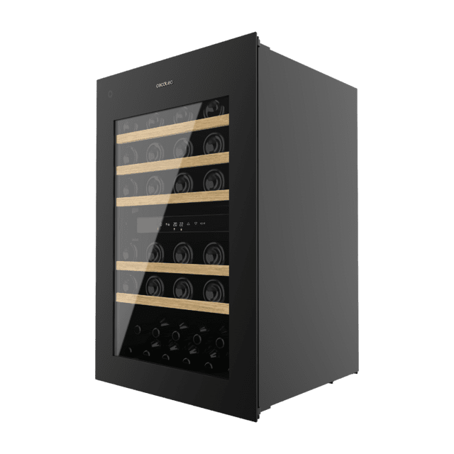 Bolero GrandSommelier Duo 57000 Touch Black Compressor Vinoteca integrable negra con doble zona y sensor de apertura Touch con capacidad para 57 botellas en 5 baldas de madera y 88,5 cm de alto por 59 cm de ancho. Sistema compresor de enfriamiento muy silencioso (38dB) y refrigerado por gas respetuoso con el medio ambiente (R600a). Luz LED y panel de control táctil LED interiores.