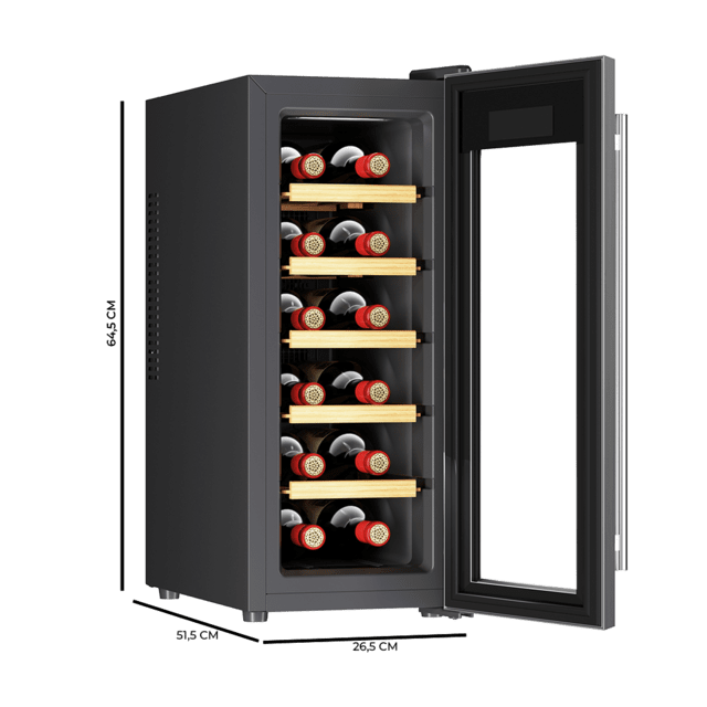 Bolero GrandSommelier 1270 CoolWood Adega com capacidade para 12 garrafas e refrigeração termoelétrica. Temperatura ajustável e luz LED interna