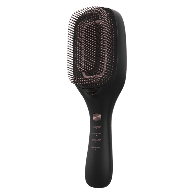 HairCare Revitalize Brosse réparatrice capillaire avec 5 technologies : vibration, ions négatifs, microcourants EMS, laser basse puissance (LLLT) et lumière LED rouge et bleue. Remplacez votre brosse conventionnelle et aidez à régénérer les cuticules des cheveux.