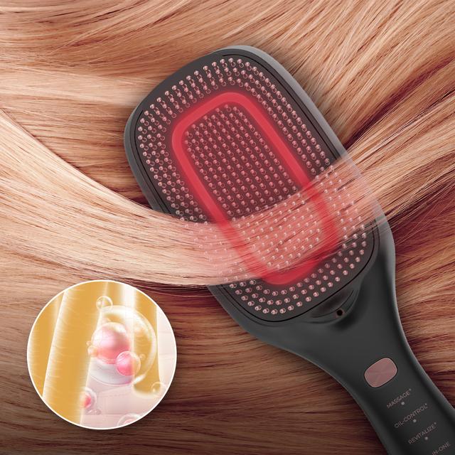 HairCare Revitalize Haarreparaturbürste mit 5 Technologien: Vibration, negative Ionen, EMS-Mikroströme, Low-Power-Laser (LLLT) sowie rotes und blaues LED-Licht. Ersetzen Sie Ihre herkömmliche Bürste und helfen Sie dabei, die Haarkutikula zu regenerieren.