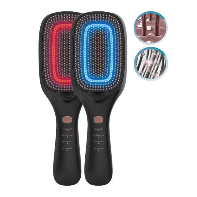 HairCare Revitalize Brosse réparatrice capillaire avec 5 technologies : vibration, ions négatifs, microcourants EMS, laser basse puissance (LLLT) et lumière LED rouge et bleue. Remplacez votre brosse conventionnelle et aidez à régénérer les cuticules des cheveux.