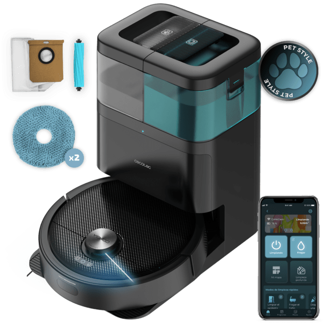 Conga 15090 SpinArm Home&Wash Robot aspirador con Tecnología láser de navegación. Base de autovaciado con tanques de polvo y agua, limpieza y secado de mopas. Cepillo de silicona. Mopas giratorias y elevables. Cepillo lateral. Motor de succión 8000 Pa. App y asistentes virtuales.