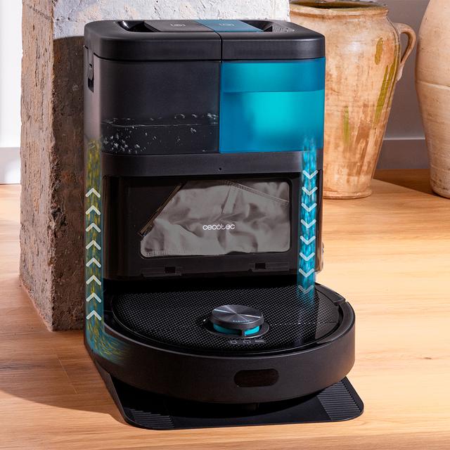 Conga 15090 SpinArm Home&Wash Robot aspirador con Tecnología láser de navegación. Base de autovaciado con tanques de polvo y agua, limpieza y secado de mopas. Cepillo de silicona. Mopas giratorias y elevables. Cepillo lateral. Motor de succión 8000 Pa. App y asistentes virtuales.