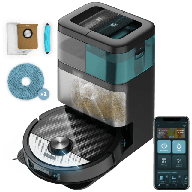 Conga 16090 AI SpinArm Home&Wash Robot aspirador con Tecnología láser de navegación y detección de objetos. Base de autovaciado con tanques de polvo y agua, limpieza y secado de mopas. Cepillo de silicona. Mopas giratorias y elevables. Cepillo lateral. Motor de succión 8000 Pa. App y asistentes virtuales.