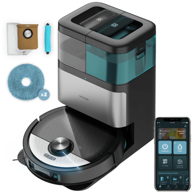 Conga 16090 AI SpinArm Home&Wash Robot aspirador con Tecnología láser de navegación y detección de objetos. Base de autovaciado con tanques de polvo y agua, limpieza y secado de mopas. Cepillo de silicona. Mopas giratorias y elevables. Cepillo lateral. Motor de succión 8000 Pa. App y asistentes virtuales.
