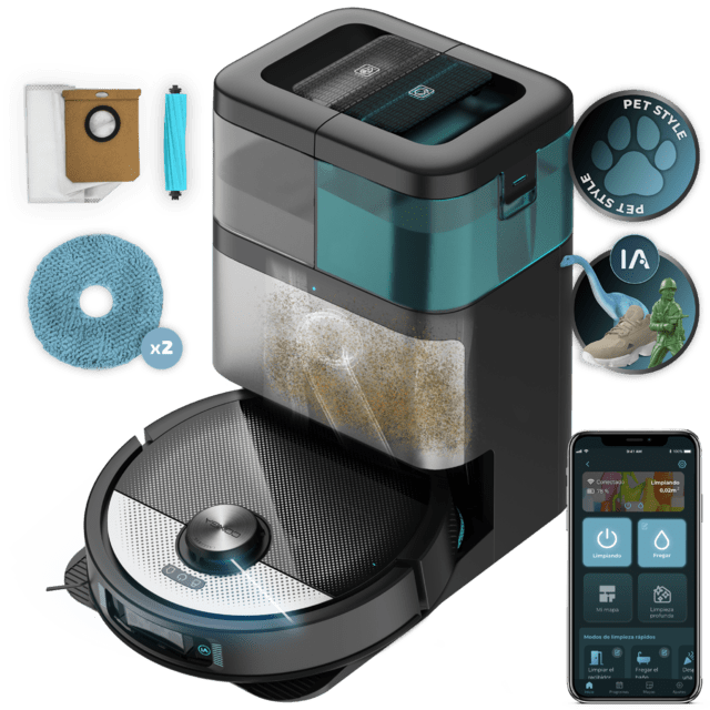 Conga 16090 AI SpinArm Home&Wash Robot aspirador con Tecnología láser de navegación y detección de objetos. Base de autovaciado con tanques de polvo y agua, limpieza y secado de mopas. Cepillo de silicona. Mopas giratorias y elevables. Cepillo lateral. Motor de succión 8000 Pa. App y asistentes virtuales.