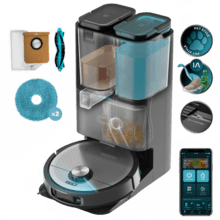 Conga 20090 ProAI InfinitySoap Cut&Spa Robot aspirador con Tecnología láser de navegación y detección de objetos. Base de autovaciado con tanques de agua limpia y agua sucia, bolsa de polvo y dosificador de jabón. Autolimpieza y secado de mopas. Mopas giratorias, elevables y extensibles. 8000 Pa de presión de succión. Control APP y asistentes virtuales. Sistema Hair Cutting en la base de autovaciado para eliminar los pelos del cepillo.