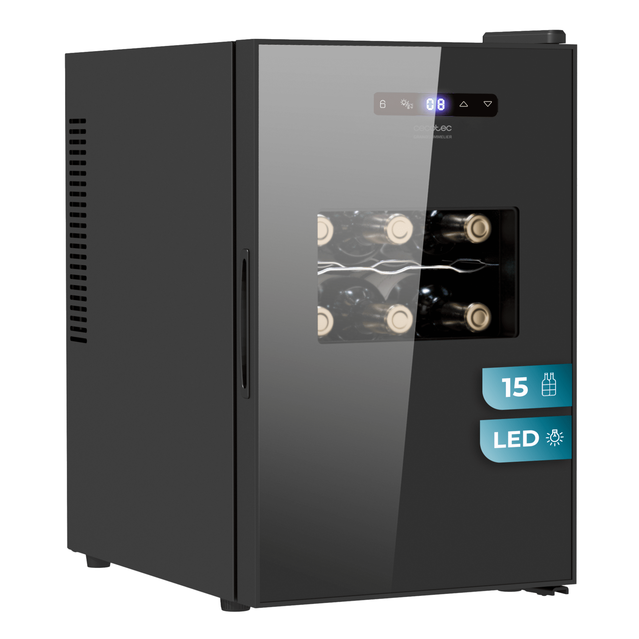 Bolero GrandSommelier 1550 CoolCrystal Cave à vin avec contrôle de la température, capacité pour 15 bouteilles et système thermoélectrique de refroidissement qui garantit un rendement élevé. Température réglable et lumière LED à l'intérieur.
