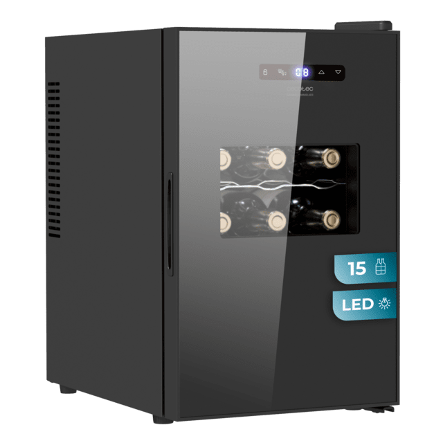 Bolero GrandSommelier 1550 CoolCrystal Cave de vinho com controlo da temperatura. Capacidade de 15 garrafas com sistema termoelétrico de arrefecimento, que garante um alto desempenho. Temperatura regulável e luz LED interior.