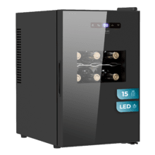 Bolero GrandSommelier 1550 CoolCrystal Cave à vin avec contrôle de la température, capacité pour 15 bouteilles et système thermoélectrique de refroidissement qui garantit un rendement élevé. Température réglable et lumière LED à l'intérieur.