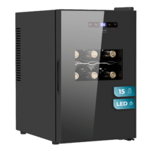 Bolero GrandSommelier 1550 CoolCrystal Bodega puesta a temperatura de 15 botellas de capacidad con sistema termoeléctrico de enfriamiento que garantiza un alto rendimiento. Temperatura regulable y luz LED interior.