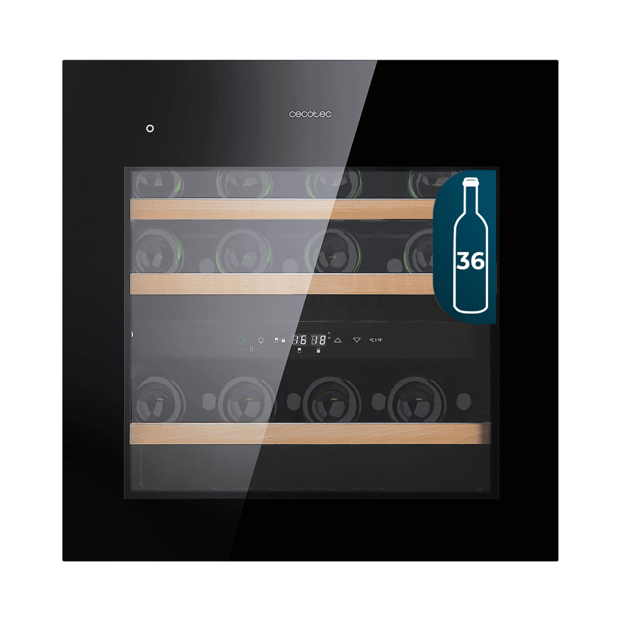 GrandSommelier Duo 36000 Touch Black Compressor Refrigeratore per vini completamente integrato con vetro nero, Apertura touch tramite sensore, Doppia zona di temperatura da 5ºC a 20ºC, Capacità 36 bottiglie, Dimensioni 60x60cm, Illuminazione interna a LED, Compressore integrato, Display interno a LED, Funzionamento silenzioso, 3 ripiani in legno