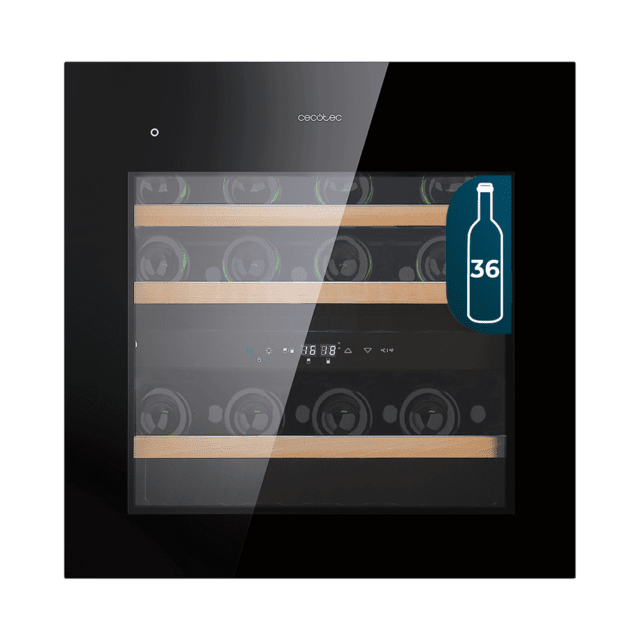 GrandSommelier Duo 36000 Touch Black Compressor Vinoteca completamente integrable con cristal negro, Apertura táctil mediante sensor, Doble zona temperatura 5ºC a 20ºC, Capacidad 36 Botellas, Dimensiones 60x60cm, Iluminación LED interior, Compresor integrado, Display LED Interior, Funcionamiento silencioso, 3 Estantes madera