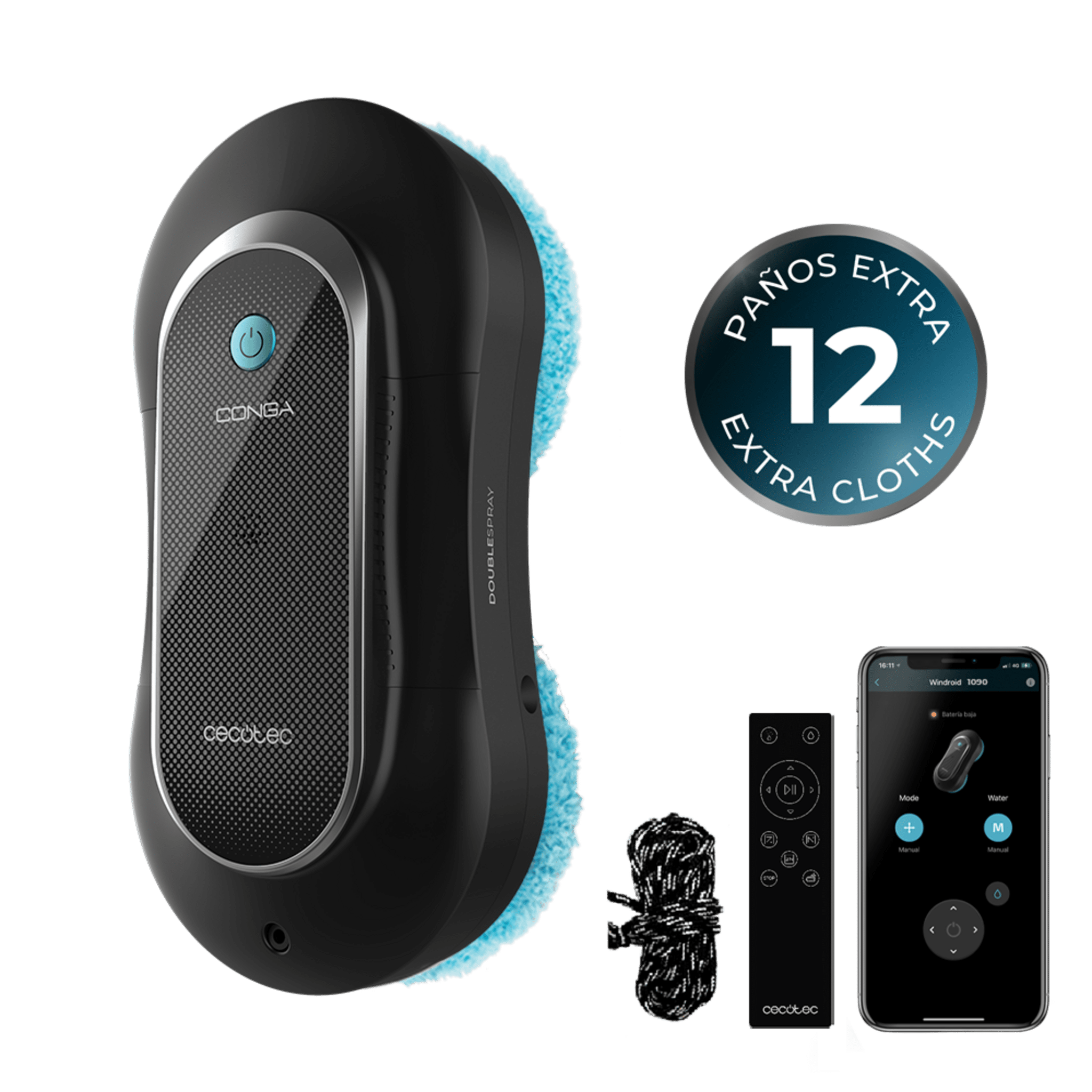 Conga Windroid 1090 Double Spray Connected Robot nettoie-vitres 3 en 1 : il pulvérise, nettoie et sèche. Pulvérisation de chaque côté. 8 modes de nettoyage. Application et télécommande pour un contrôle total des mouvements. 12 serpillières/tissus. Il nettoie les différentes surfaces.