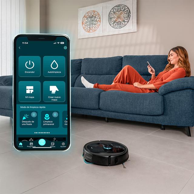 Conga 9990 AI Spin Revolution Ultra Power Home Robot aspirador con navegación láser y base de autovaciado de polvo. Inteligencia artificial, evita objetos. 4 en 1: barre, aspira, friega y pasa las mopas. 10.000 Pa de succión. Máximo 240 minutos de autonomía. Fregado profesional con mopas giratorias. Cepillo de silicona, óptimo para pelo de mascotas. 1 cepillo lateral. 4 niveles de potencia de aspiración y fregado. Control APP Cecotec y asistentes virtuales.