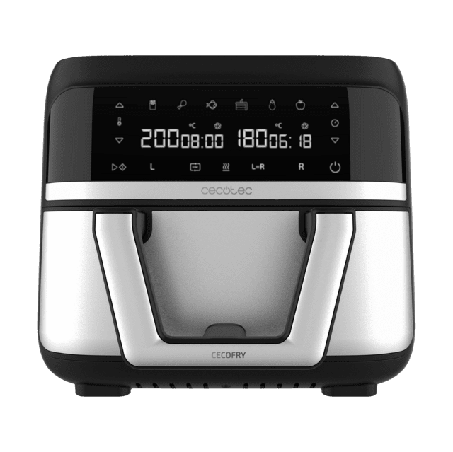 Cecofry Dual 9000 Ölfreie Fritteuse Airfryer 9 L digitale und kompakte ölfreie Fritteuse mit 9 L Fassungsvermögen, PerfectCook-Technologie und mobiler Trennwand zur Auswahl zwischen zwei Körben mit doppelter Temperatur oder einem einzigen Eimer.