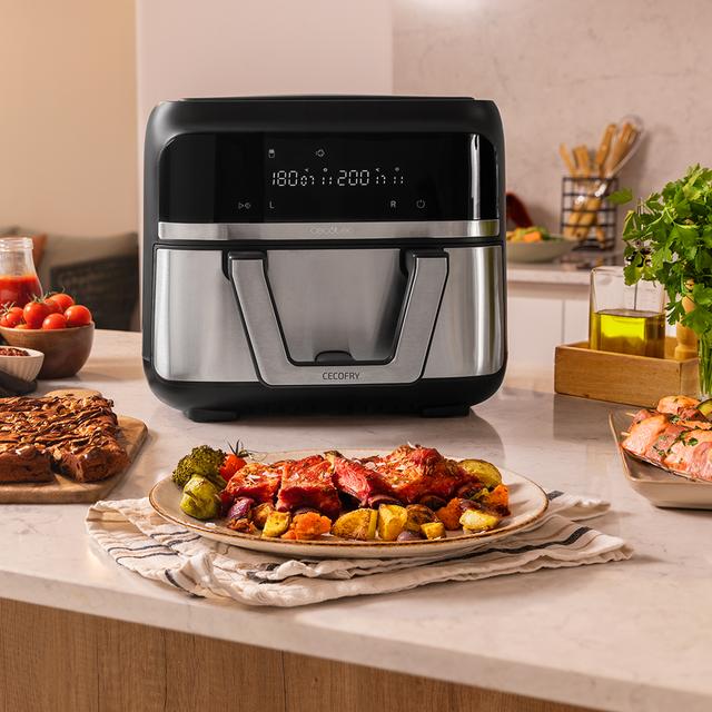 Cecofry Dual 9000 Fritadeira sem óleo Airfryer Fritadeira sem óleo digital e compacta de 9 L com capacidade de 9 L, tecnologia PerfectCook e parede divisória móvel para escolher entre dois cestos com temperatura dupla ou tornar-se um único balde.