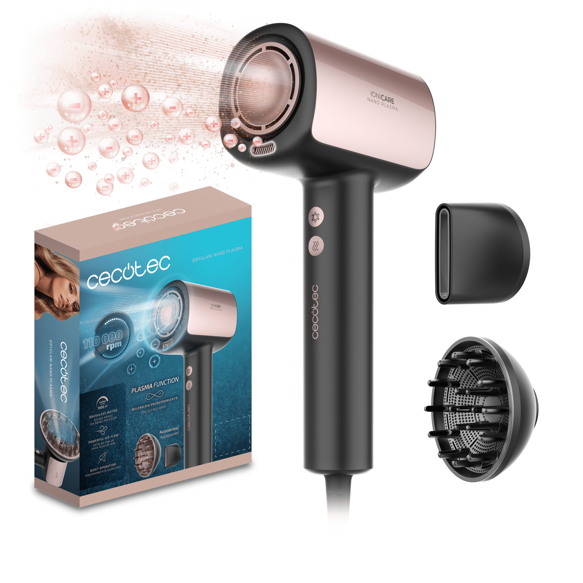 DryGlam Nano Plasma Secador de Pelo Brushless de Última Generación, Potencia de 110,000 RPM y 1600W, Función de Plasma, Gran Flujo de Aire, Silencioso y Duradero.