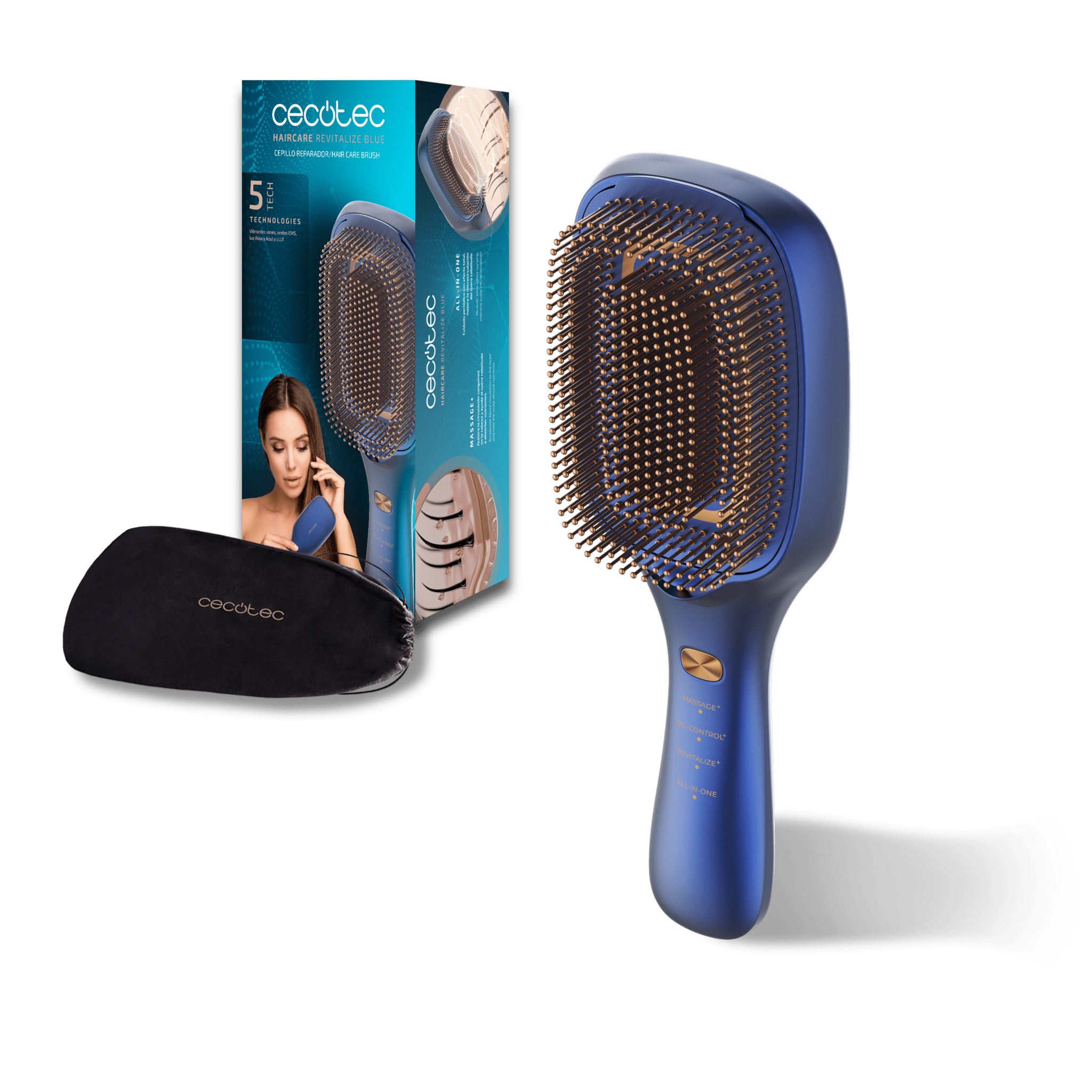 HairCare Revitalize Blue Brosse réparatrice pour cheveux avec 5 technologies : vibration, ions négatifs, micro-courants EMS, laser de faible puissance (LLLT) et lumière LED rouge et bleue. Remplacez votre brosse conventionnelle et stimulez la régénération des cuticules de vos cheveux.