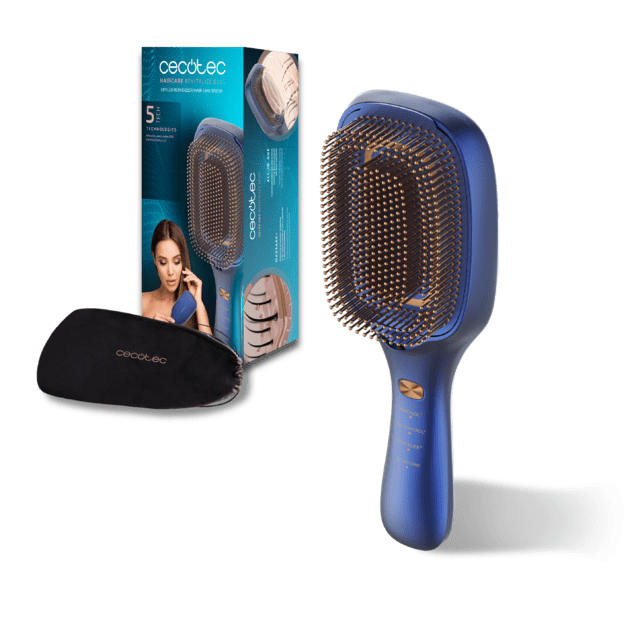 HairCare Revitalize Blue Escova reparadora de cabelos com 5 tecnologias: vibração, íons negativos, microcorrentes EMS, laser de baixa potência (LLLT) e luz LED vermelha e azul. Substitua sua escova convencional e ajude a regenerar as cutículas capilares.