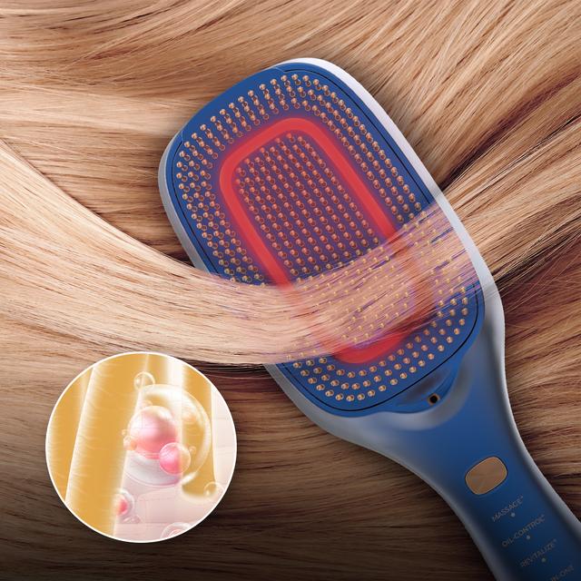 HairCare Revitalize Blue Brosse réparatrice de cheveux avec 5 technologies : vibration, ions négatifs, microcourants EMS, laser basse puissance (LLLT) et lumière LED rouge et bleue. Remplacez votre brosse conventionnelle et aidez à régénérer les cuticules des cheveux.