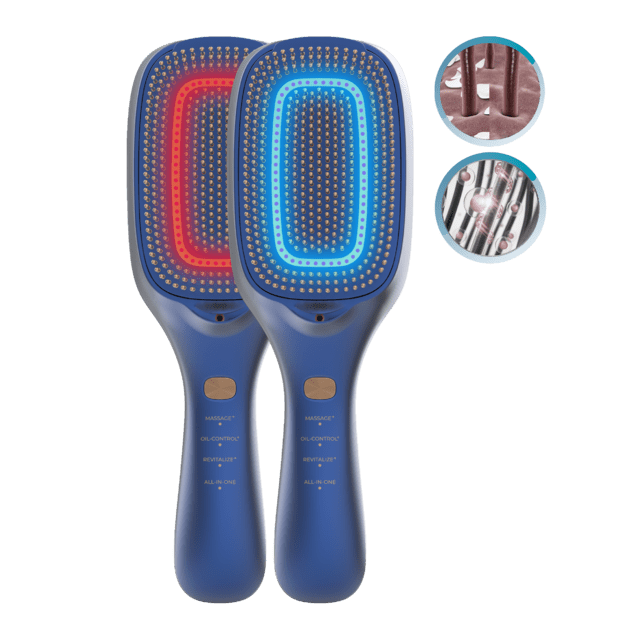 HairCare Revitalize Blue Escova reparadora de cabelos com 5 tecnologias: vibração, íons negativos, microcorrentes EMS, laser de baixa potência (LLLT) e luz LED vermelha e azul. Substitua sua escova convencional e ajude a regenerar as cutículas capilares.