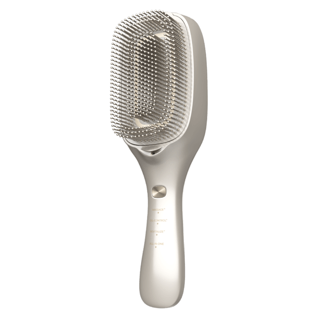 HairCare Revitalize Champagne Brosse réparatrice capillaire avec 5 technologies : vibration, ions négatifs, microcourants EMS, laser basse puissance (LLLT) et lumière LED rouge et bleue. Remplacez votre brosse conventionnelle et aidez à régénérer les cuticules des cheveux.