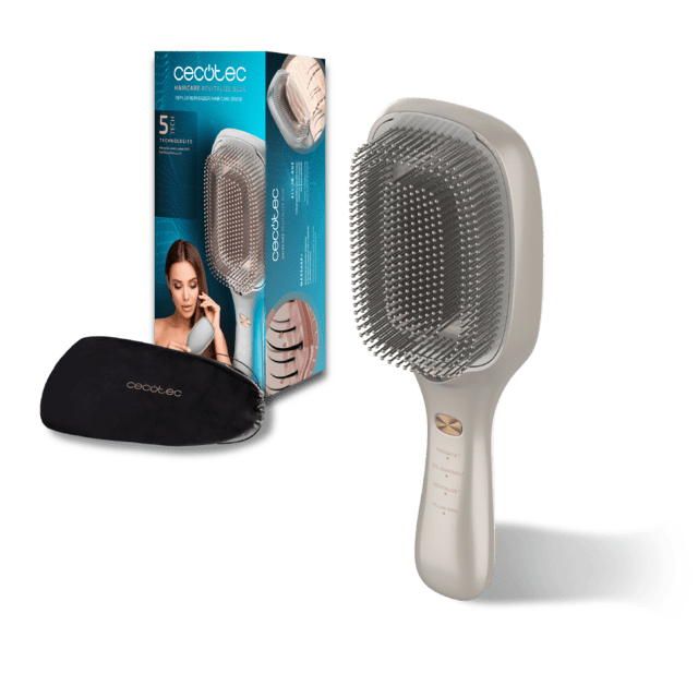 HairCare Revitalize Champagne Brosse réparatrice capillaire avec 5 technologies : vibration, ions négatifs, microcourants EMS, laser basse puissance (LLLT) et lumière LED rouge et bleue. Remplacez votre brosse conventionnelle et aidez à régénérer les cuticules des cheveux.