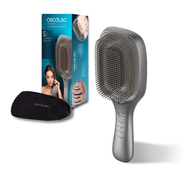 HairCare Revitalize Aluminium Brosse réparatrice de cheveux avec 5 technologies : vibration, ions négatifs, microcourants EMS, laser basse puissance (LLLT) et lumière LED rouge et bleue. Remplacez votre brosse conventionnelle et aidez à régénérer les cuticules des cheveux.