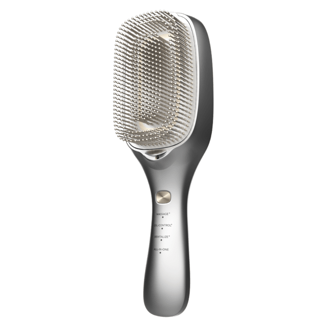 Vista frontal del Cepillo CECOTEC HairCare Revitalize Aluminum con cerdas metálicas y modos de uso