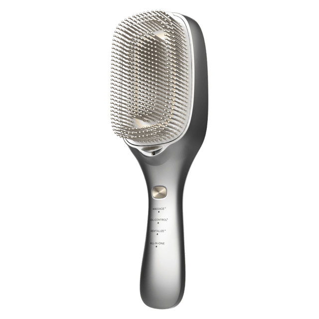 HairCare Revitalize Alumínio Escova reparadora de cabelos com 5 tecnologias: vibração, íons negativos, microcorrentes EMS, laser de baixa potência (LLLT) e luz LED vermelha e azul. Substitua sua escova convencional e ajude a regenerar as cutículas capilares.