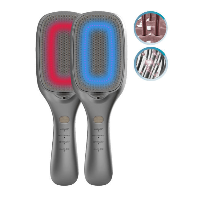 HairCare Revitalize Aluminium Brosse réparatrice de cheveux avec 5 technologies : vibration, ions négatifs, microcourants EMS, laser basse puissance (LLLT) et lumière LED rouge et bleue. Remplacez votre brosse conventionnelle et aidez à régénérer les cuticules des cheveux.