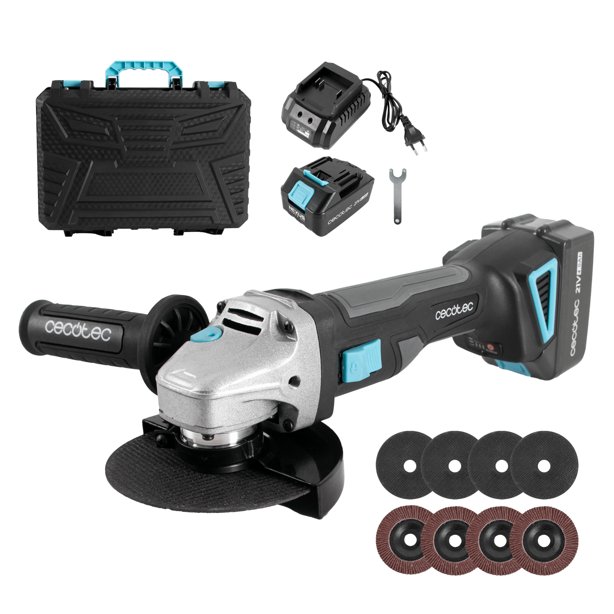 RadialPower 2120 Freemove Amoladora angular batería 21V. Motor sin escobillas, Brushless. Compatible con discos de 125mm. Velocidad hasta 12.000rpm. Incluye 8 discos y maletín.