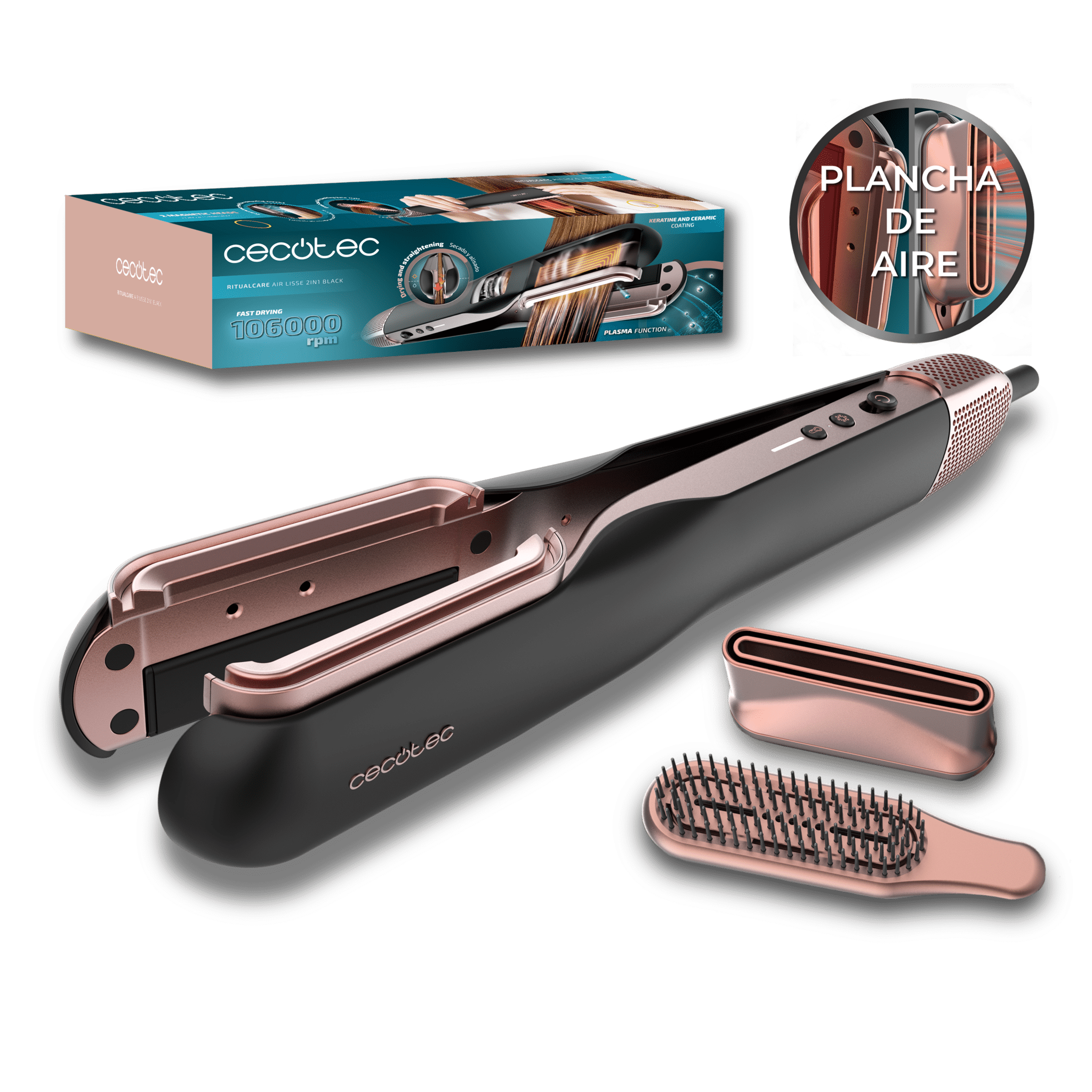 RitualCare Air Lisse 2in1 Black Secador Plancha de pelo con aire con 2 cabezales: cepillo y concentrador. Tiene 106000 rpm con un motor digital de alta tecnología. Seca y alisa tu cabello con esta plancha ahorrando tiempo.