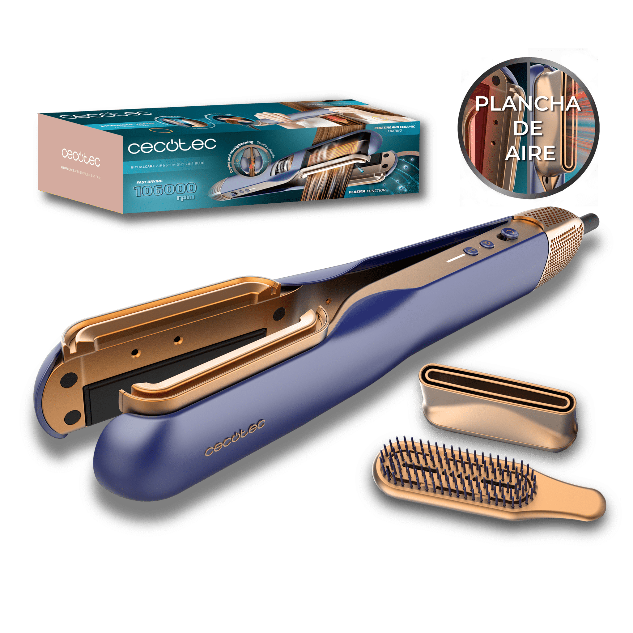 RitualCare Air Lisse 2in1 Blue Secador Plancha de pelo con aire con 2 cabezales: cepillo y concentrador. Tiene 106000 rpm con un motor digital de alta tecnología. Seca y alisa tu cabello con esta plancha ahorrando tiempo.