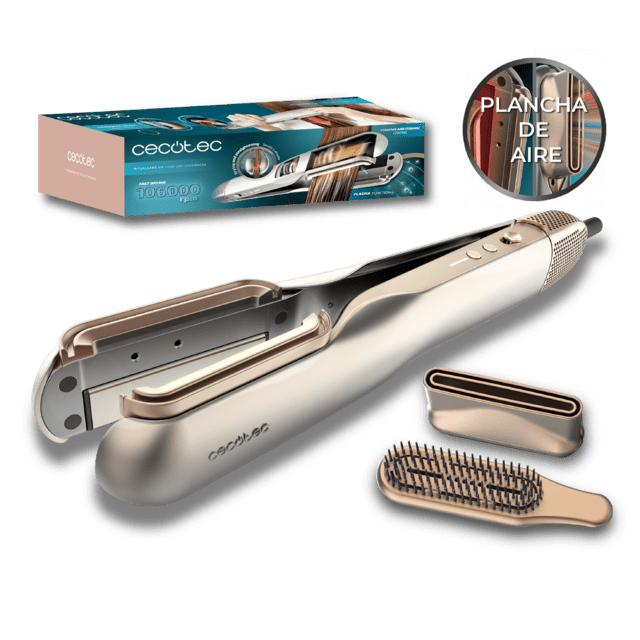 Piastra per capelli RitualCare Air Lisse 2in1 Champagne Air con 2 testine: spazzola e concentratore. Ha 106000 giri al minuto con un motore digitale ad alta tecnologia. Asciuga e liscia i capelli con questo ferro, risparmiando tempo.